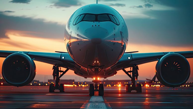 Front view of a modern commercial jet on the runway at sunset, with glowing lights reflecting on the fuselage — evoking the elegance and scale of aviation at dusk.